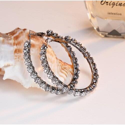 Classic Female Round Crystal Big Hoop Earrings Charm 14KT Black Gold Wedding Earrings Trendy White Zircon Earrings For Women