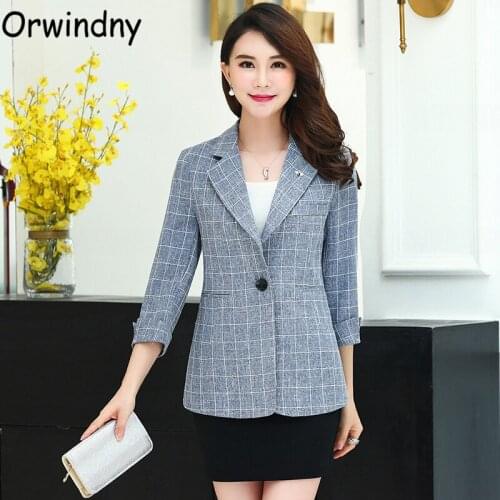 Orwindny Fashion Design Blazer Jacket Womens Plaid Tops Office Lady Suit Coat Plus Size M-5XL One Button Spring Autumn Clothing