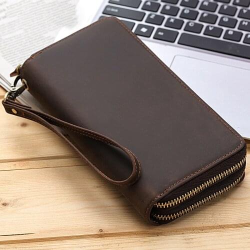 Zipper Man Genuine Leather Long Wallet Crazy Horsehide Wallet Classic Style Wallets Solid