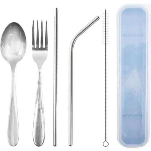 Stainless steel tableware set spoon fork chopsticks 304 straw portable box 5 pieces gift set