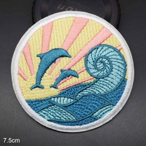Dolphin Chasing The Wave Iron On Full Embroidered Clothes Patches For Clothing Stickers Garment Wholesale
