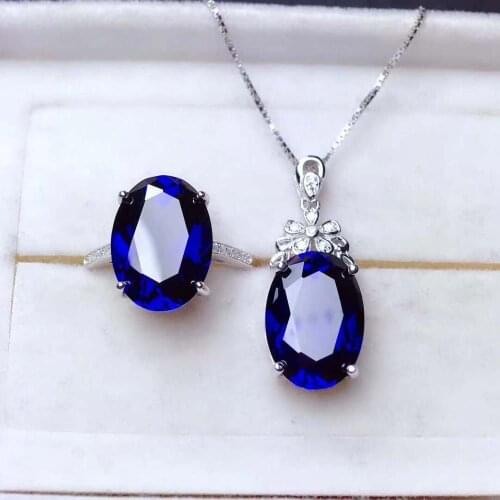 Natural Sapphire S925 Ring Pendant Necklace Set Charming Fine Fashion Jewelry for Women Free Shipping MeibaPJFS