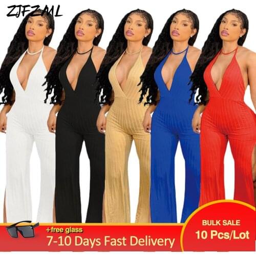 Wholesale Bulk Items Lots Womens Romper Halter Neck Off Shoulder Flare Jumpsuit Elgance Classy Backless Side High Split Outfit