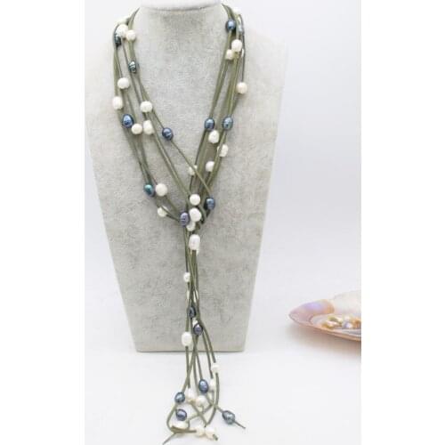 Freshwater pearl white/black egg /round 9-11mm +green leather necklace 63inch nature handmake wholesale FPPJ