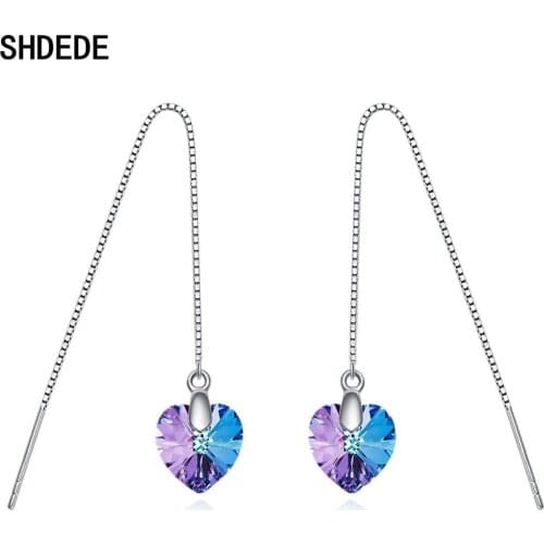 SHDEDE 925 Sterling Silver Long Chain Earrings Embellished With Crystals From Swarovski Drop Ear Jewelry Korean Heart Pendant