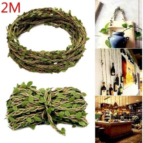 2M Silk Garland Green Leaf Iron Wire Artificial Flower Vine Ivy Rattan for Wedding Car Decoration DIY Wreath Flowers