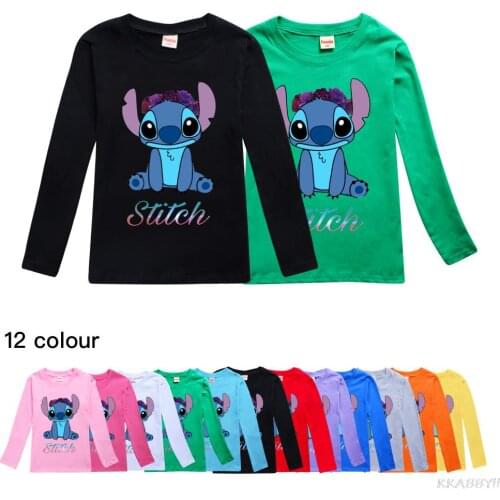 Boys Girls Sweater Spring Autumn New Disney Stitch Print Childrens Long-sleeved T-shirt Toddler Kids Tops Clothing