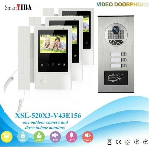SmartYIBA Video Door Phone Intercom 4.3"Inch Video Doorbell Door Intercom RFID Outdoor Unit Access Control 1 Camera 3 Monitor