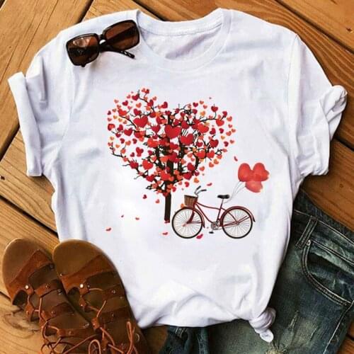 Women T Shirt Heart Tree and bicycle Print Tops Female Casual Short Sleeve Tee Shirts Harajuku Graphic Tshirt Women Cute T-shirt