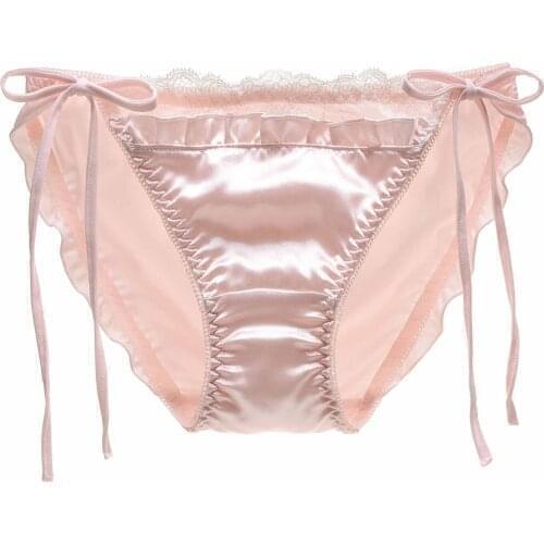 Women Femme Lace Trim Satin Bikini Briefs Ladies Sides Lace-Up Pleated Panties Elastic Waistband Underpants Underwear Underpants