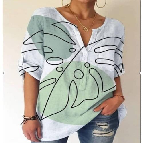 2021 Summer New Womens Tops Loose Flower Leaf Printing V-neck Long-sleeved Shirt Fashion Urban Casual Pullover T-Shirt
