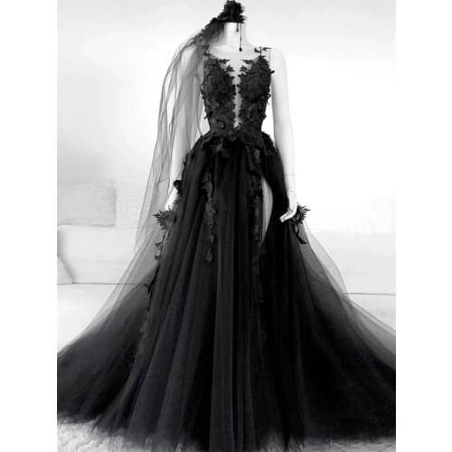 Gothic Black Wedding Dresses Sexy Backless High Side Split A-line Bridal Dress Lace Gowns Without Veil Vestido De Novia