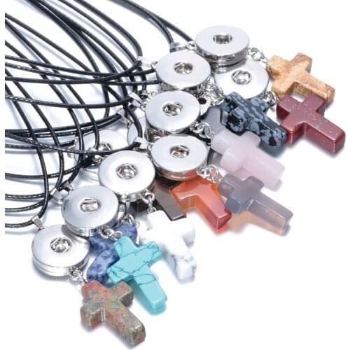 12 Colors Natural Stone Cross Shape 18mm Snap Button Jewelry Pendant Necklace Snap Jewelry Fit 18mm Snap Buttons DZ0123