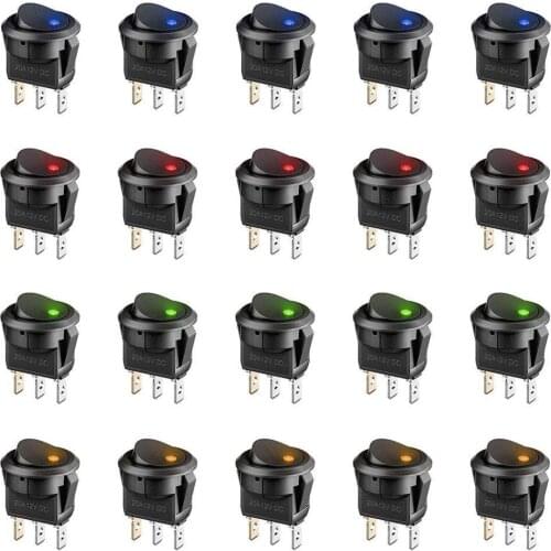 20pcs 3 Pin 12v 20a Amps Car Truck Rocker Round Toggle Led Switch On-off Control Blue Green Yellow Red
