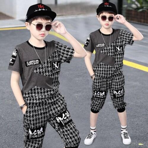 2021 Summer Kids Clothes Sets For Boys 4 6 8 10 12 Year Fashion splicing Short Sleeve Tops & Pants School Children Sport Suit