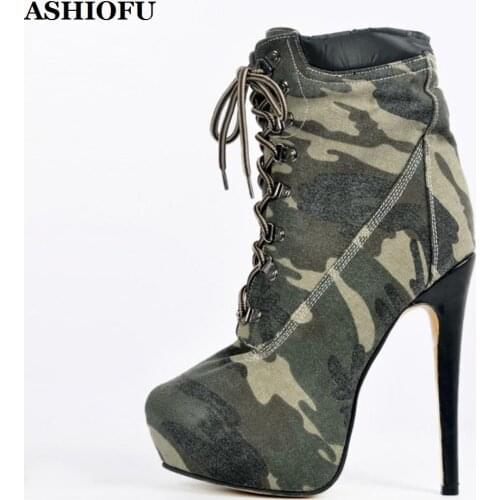 ASHIOFU New Handmade Ladies High Heel Boots Camouflage Party Lace-up Ankle Boots Platform Daily Wear Club Fashion Short Boots