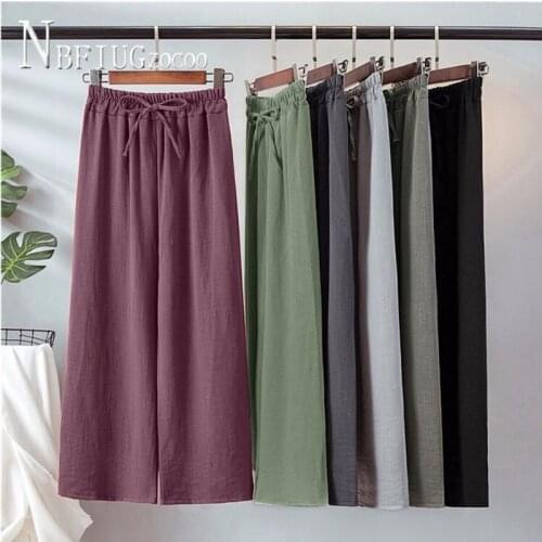 Cotton Linen Wide Leg Women Pants Summer New High Waist Retro Ankle Length Female Trousers
