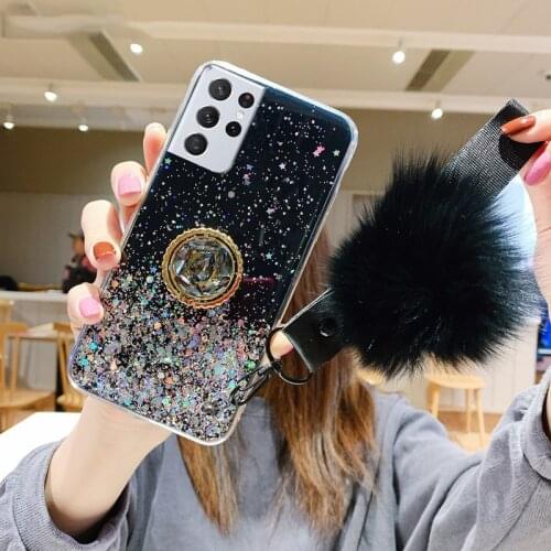 For Samsung S21 Ultra Case Luxury Bling Glitter Cover Samsung S21 FE Plus S21Ultra S 21 S2 1 F E Stand Case With Hairball Cover