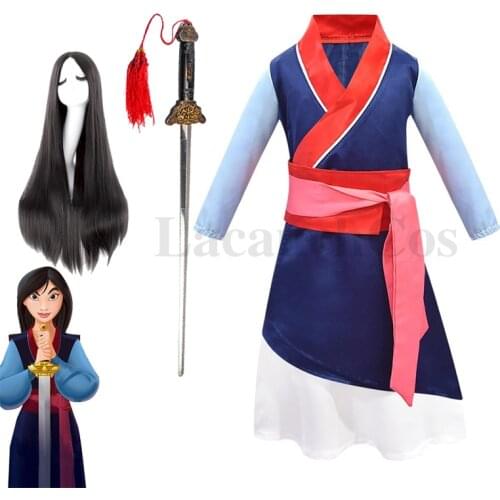 Kids clothes Movies Hua Mula Cosplay Costume Mulan Dress Chinese Child Traditional Clothes Mulan Prop sword WigHalloween dresses