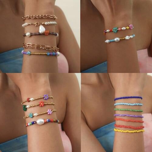 DIEZI Ethnic Multicolor Acrylic Beads Strand Bracelets For Women Handmade Shell Charm Rope Chain Bracelet Sets Bohemian Jewelry