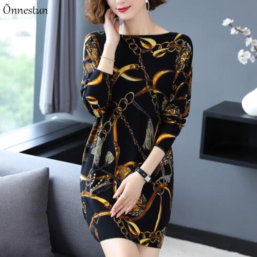 Print Long Sweater Dress Autumn Casual Long Sleeve Pullovers Knitwear Jumper Plus Size Pull Elasticity Long Sweater Women