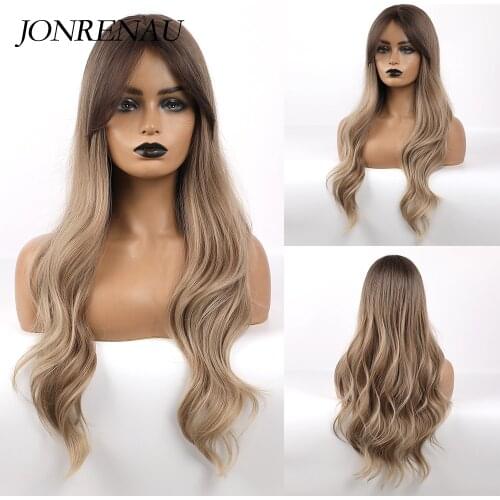 JONRENAU Long Natural Wave Synthetic Wigs Ombre Ash Blonde With Black Root For Black White Women Heat Resistant Fibre