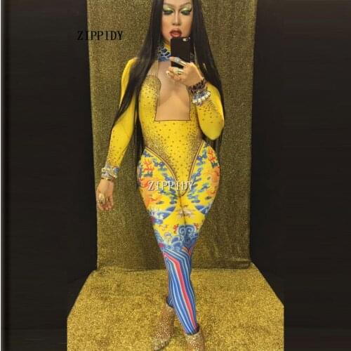 Sexy Yellow Chinese Rhinestone Jumpsuit Female Singer Print Stage Wear Bodysuit One-piece Costume Glisten Stones Stretch Outfit