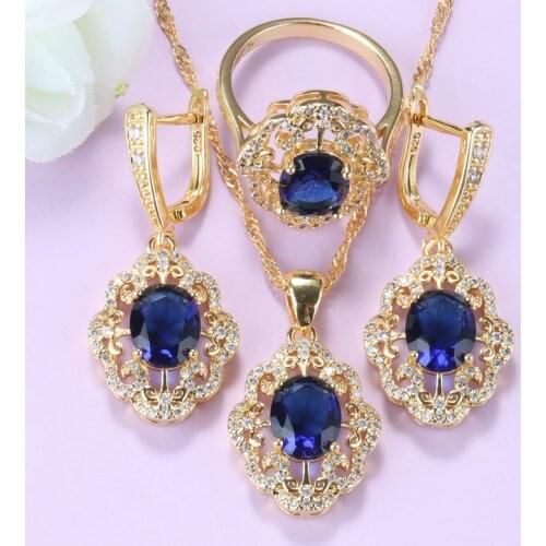 AAA+ Blue Cubic Zirconia Wedding Costume African Women Bridal Gold Color Jewelry Sets For Women Necklace And Earrings Ring Set