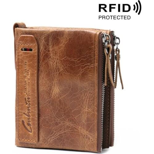 Retro Genuine Leather New RFID Mens Coin Purse Crazy Horse Leather Double Zipper Wallet