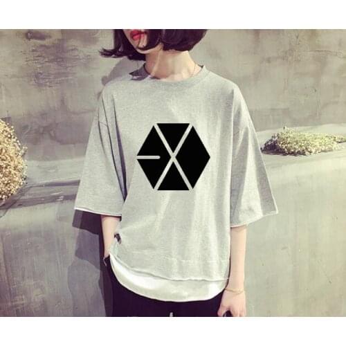 Kpop EXO loose T-shirt women Korean TWICE Summer cotton Harajuku Fake two pieces Short sleeve tshirt WANNA ONE casual clothes