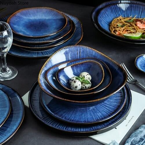 Creative Blue Lotus Plate 9 Inch Round Ceramic Lace Embossed Plate Steak Pasta Plate Restaurant Storage Tray Household Soup Bowl