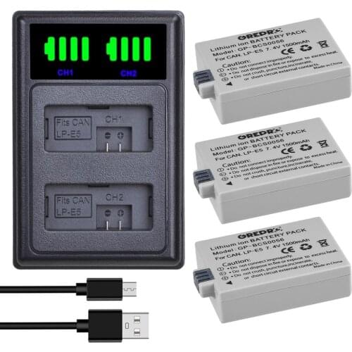 3Pcs 1500mAh LPE5 LP-E5 LP E5 Li-ion Battery + Type-C Dual Charger for Canon 450D 500D 1000D Kiss X2 X3 F Rebel XSi Xli XS L15