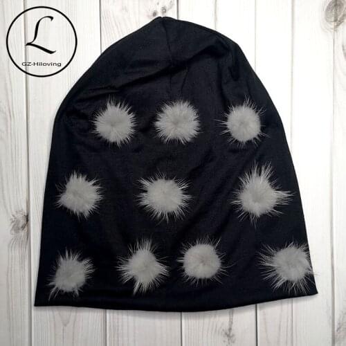 Baggy Women Real Mink Fur Pompom Beanies hats Autumn spring Soft Polyester Slouch hats Caps femme Girls Black Fur Ball Gorros