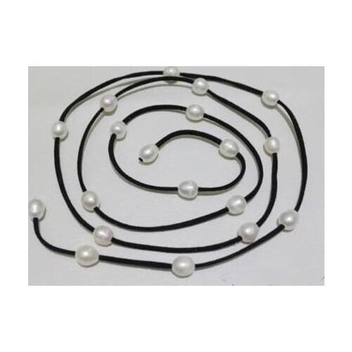 New Arriver Black Leather White Color Freshwater Pearl Necklace 10x12mm 48