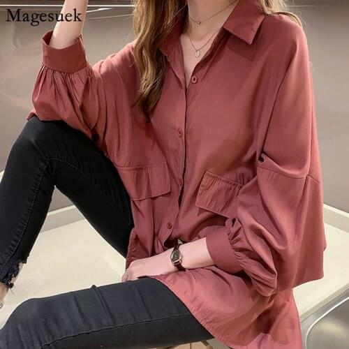 New Spring Loose White Blouse Shirts Female Lantern Sleeve Oversized Long Shirt Tops Women Casual Office Lady Solid Tops 12675