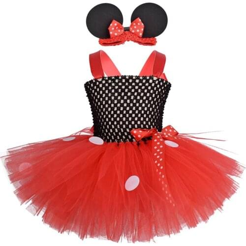 Baby Girls Minnie Tutu Dress Red Black Birthday Party Costume with Mouse Ears Crochet Headband Set Girl Polka Dot Dresses 0-8Y