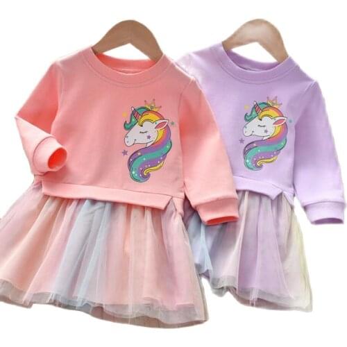 Girl Clothing Autumn New Cartoon Unicorn Printed Long-sleeved Shirt Stitching Rainbow Mesh Princess Dress for 2 3 4 5 6 Years