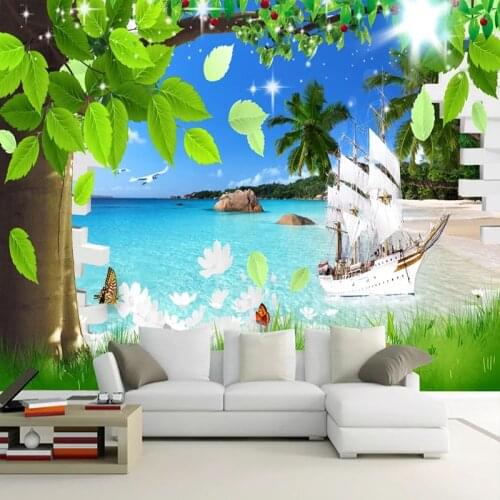 Custom Self-Adhesive Waterproof Wallpaper 3D Tree Seascape Murals Living Room Bathroom Removable Wall Stickers Papel De Parede