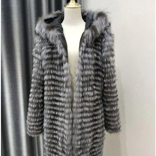Real silver fox fur coat women winter natural fur jacket female outerwear hooded overcoats slim