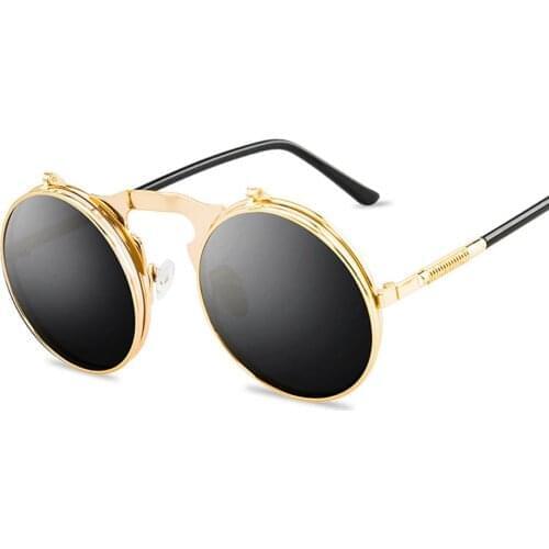 Bohosco Vintage Retro Punk Sunglasses Designer Fashion Men Women Round Metal Frame Flip Solar Sun Glasses Fashion Eyewear