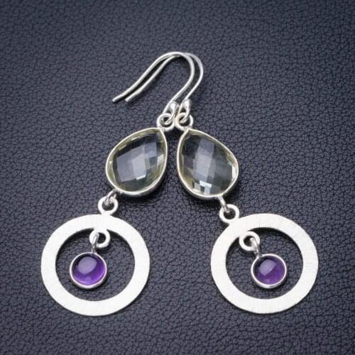 StarGems Natural Green Amethyst And Amethyst Handmade 925 Sterling Silver Earrings 2.25" D7179