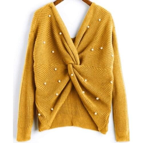 Sweet burgundy female pullover knit jumper long sleeve casual solid sweater autumn winter pearl beading V-neck twist collar