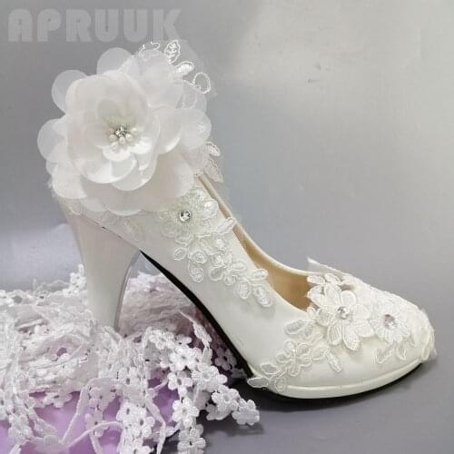 Flower lace white pumps shoes bridal wedding handmade luxury lace crystal 9CM high heels platform bridesmaid ladies party shoes