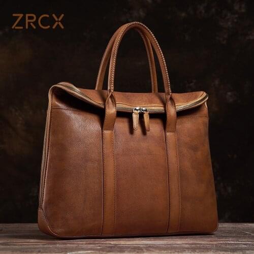 ZRCX Vintage Man Handbag Briefcase Men Shoulder Crazy Horse Genuine Leather Bags Brown Business Fashion 15Inch Laptop Bag