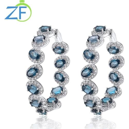 GZ ZONGFA Elegant Dazzling Charm Fashion Jewelry Earrings Natural Blue Topaz Gems 925 Sterling Silver Hoop Earring