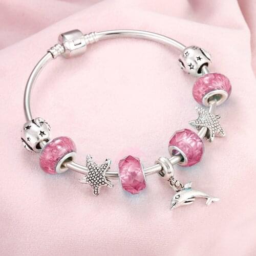 Fashion 5 Style Women Charm Bracelet Dolphins Starfish Pendant Luxury Crystal Beads Bracelets Bangles For Girl DIY Jewelry Gifts
