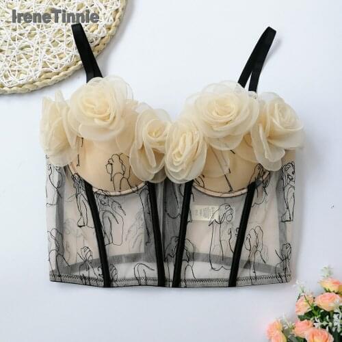 Fashion Tank Top Sweet Flowers Crop Top Mesh Embroidery Corset Women Elegant Party Bustier Streetwear Festive Clothing