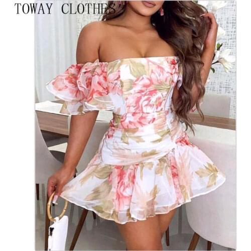 Women Floral Print Off Shoulder Short Sleeve Ruffle Hem Ruched Dress Summer Mini Dresses