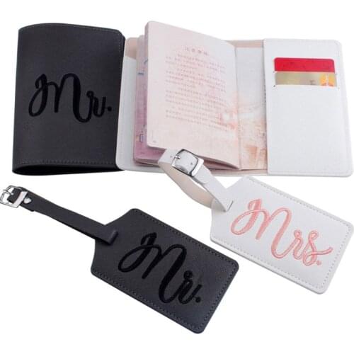 1Set PU Leather Luggage Bag Tag Embroidery Mr./Mrs. Passport Case Cover Wallet for Couples Honeymoon Travel