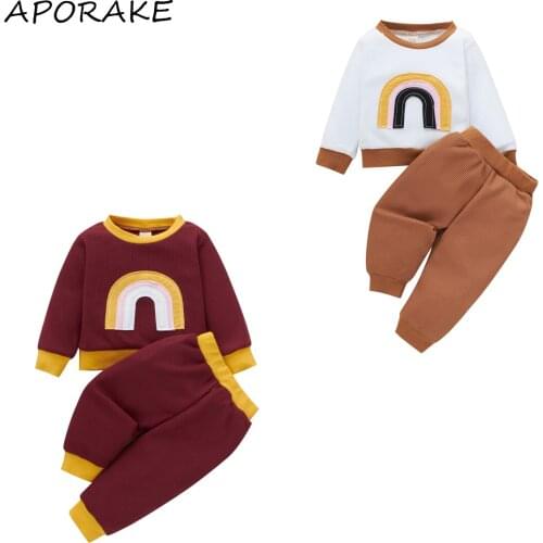 2021 3-24M Baby Casual Clothing Rainbow Print O-Neck Long Sleeve Tops Pullovers+Long Pants Spring Fall 2pcs for Boys Girls